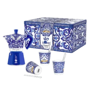 Bialetti Moka Express Dolce&Gabbana 6 Cup Glasses and Stirrers Tin Gift Set Blu Mediterraneo